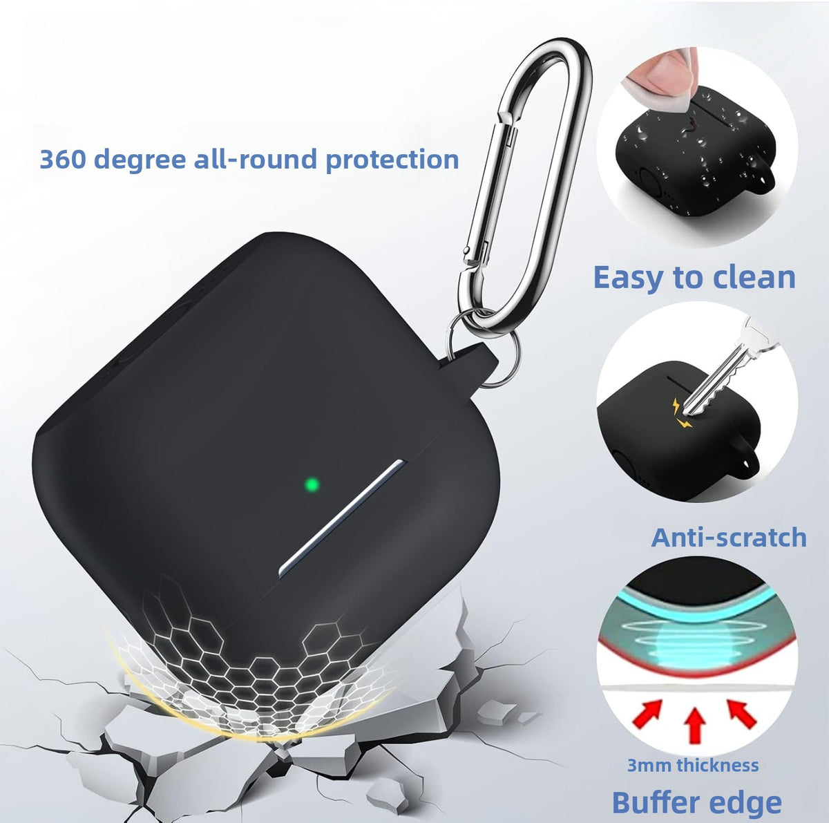 This all-in-one AirPods case is made from matte black silicone for 360-degree drop and scratch protection. It features a 3mm shock-absorbing base, a slot for the charging light, and an easy-open lid. A silver carabiner clip lets you attach it to bags or keychains, and the surface easily wipes clean.