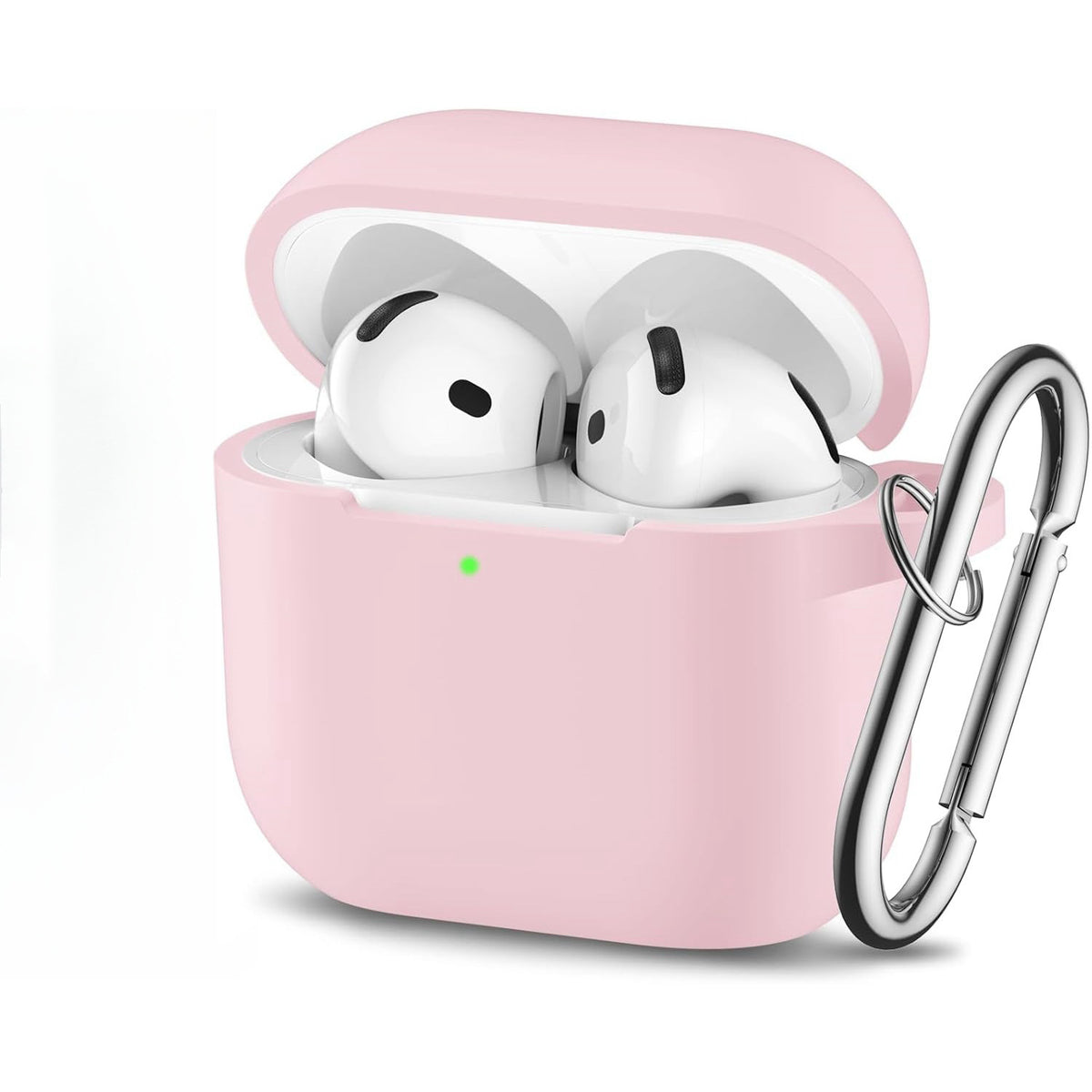 This protective soft-shell case for Apple AirPods is made of solid light pink silicone. It features an open top lid revealing white wireless earbuds inside, a front LED charging indicator light glowing green, and a silver carabiner clip attached to the side for easy carrying.