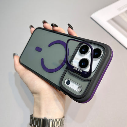 This iPhone case features a frosted, semi-translucent back panel highlighted by purple accents. A purple MagSafe-style magnetic ring with a small accent bar sits near the center, creating a smiley face shape.